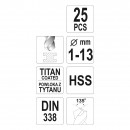 Set burghie titan pentru metal, 25 buc, HSS TiN, 1-13mm, Yato YT-44676