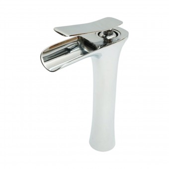 Baterie lavoar baie inalta Premium din cupru, pipa tip cascada, design rotund, monocomanda, crom lucios, furtunuri incluse