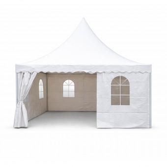 Cort pavilion evenimente tip pagoda 5x5m, alb impermeabil, acoperis PVC 750g/m2, cadru otel-aluminiu 48x48x2.5mm