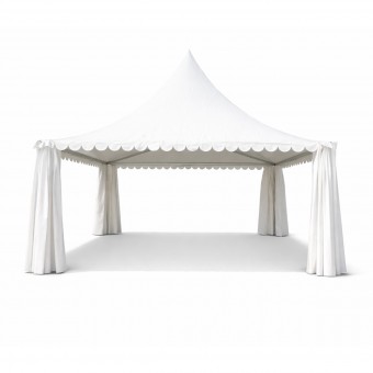 Cort pavilion evenimente tip pagoda 6x6m, alb impermeabil UV, acoperis PVC 950g/m2, cadru aluminiu 64x64x3mm