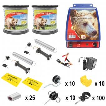 Kit complet gard electric 12/220V, 9.4 Joule lungime sarma 2000m, 100 izolatori si placute avertizare Britmann