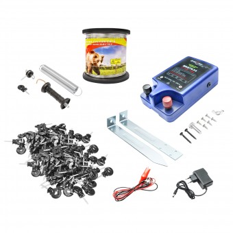 Kit complet gard electric 12V/220V, 2 Joule, lungime sarma 1000m, 100 izolatori si kit poarta Breckner Germany