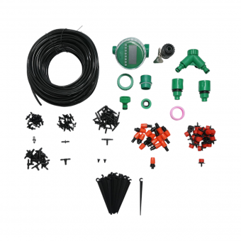Kit complet irigare prin picurare si pulverizare cu furtun 41m, temporizator, duze, conectori, tije de fixare 147 piese
