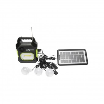 Kit iluminat portabil LED cu 3 becuri/proiector, radio FM panou solar si baterie 6V, 4.5 Ah pentru pescuit camping GD-15