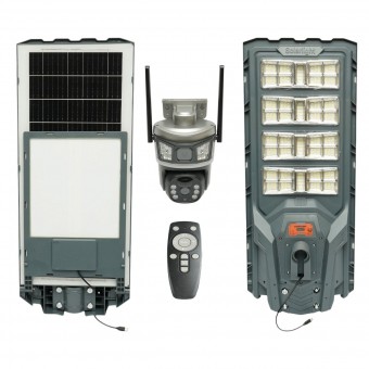 Lampa solara LED iluminat stradal 800W cu camera supraveghere duala 3MP Wi-Fi, panou solar 40W, baterie LiFePO4 30000mAh, PTZ 360, night vision, detectie PIR Ai, aplicatie V380 Pro