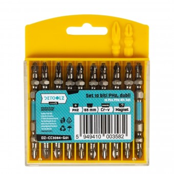 Set 10 biti impact dubli PH2 65mm Cr-V MAGNET, Detoolz