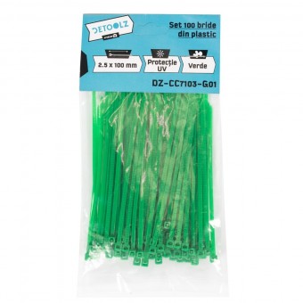 Set 100 bride plastic Detoolz 2.5x100mm, protectie UV, VERDE