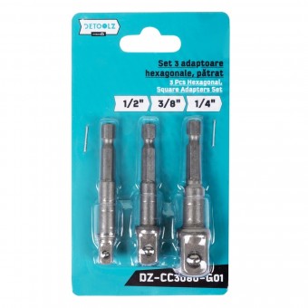 Set 3 adaptoare hexagonale Detoolz, patrat 1/4 - 3/8 - 1/2, material Cr-V