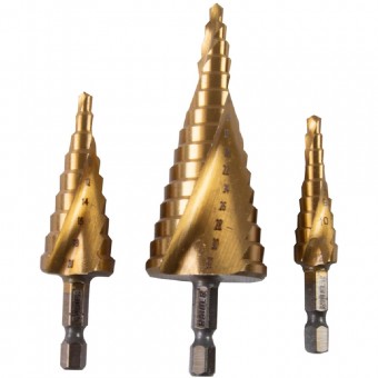 Set 3 burghie conice in trepte ¼ , HSS+TIN , ø4-32mm