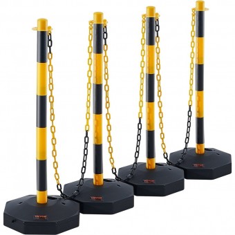 Set 4 stalpi delimitare, Inaltime reglabila, cu lant, Vevor Galben/Negru, Lungime lant 2.5x4 m, Inaltime 86 cm