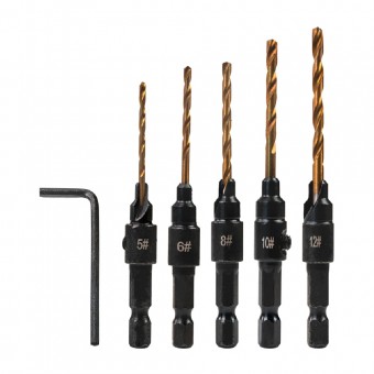 Set 5 burghie pentru lemn cu prindere hexagonala 1/4, Diametru 5-12 mm