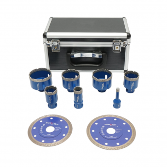 Set 7 carote diamantate 10-68mm, filet interior M14 + 2 discuri 115, 125mm pentru placi ceramice, marmura, granit Breckner Germany