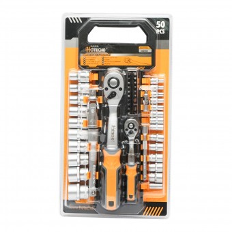 Set clicheti 1/4 si 1/2 cu prelungitoare, articulatii cardanice, 20 de biti si 20 chei tubulare - 50 piese Hoteche