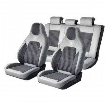 Set huse scaune auto Premium Crem-Gri universale, design sport ergonomic, piele ecologica cu insertii textile, fata + spate 11 piese