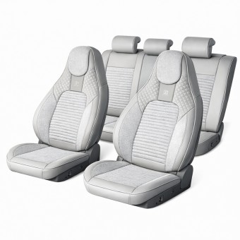 Set huse scaune auto Premium Crem-Gri universale, design sport ergonomic, piele ecologica cu insertii textile, fata + spate 11 piese