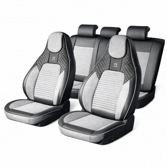 Set huse scaune auto Premium Negru-Gri universale, design sport ergonomic, piele ecologica cu insertii textile, fata + spate 11 piese