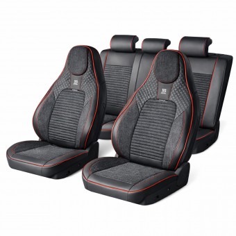Set huse scaune auto Premium Negru-Rosu universale, design sport ergonomic, piele ecologica cu insertii textile, fata + spate 11 piese