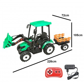 Tractor cu remorca electric pentru copii cu baterie 12V/10Ah si telecomanda JS3158B verde cu scaun din piele