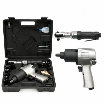 Trusa scule pneumatice cu pistol de impact Twin Hammer 1/2 inch, clichet 3/8 inch, 10 tubulare 9-27mm si accesorii 16 piese Breckner Germany
