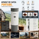 Aparat de cafea portabil cu acumulator 1800mAh, 12V, 10W, presiune 15 bar, rezervor apa 110ml, cafea macinata, capsule Nespresso, Dolce Gusto