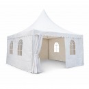 Cort pavilion evenimente tip pagoda 5x5m, alb impermeabil, acoperis PVC 750g/m2, cadru otel-aluminiu 48x48x2.5mm