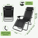 Scaun relaxare pliabil zero gravity tip sezlong negru cu suport pahar si tava, tetiera detasabila, structura otel