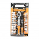 Set clicheti 1/4 si 1/2 cu prelungitoare, articulatii cardanice, 20 de biti si 20 chei tubulare - 50 piese Hoteche