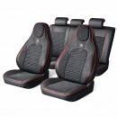 Set huse scaune auto Premium Negru-Rosu universale, design sport ergonomic, piele ecologica cu insertii textile, fata + spate 11 piese