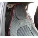 Set huse scaune auto Premium Negru-Rosu universale, design sport ergonomic, piele ecologica cu insertii textile, fata + spate 11 piese