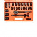 Trusa chei tubulare 8-32mm si chei combinate fixe-inelare 6-19mm, antrenor cu clichet, prelungitor T 250mm, cardan 1/2 inch Cr-V 37 piese Breckner Germany