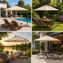 Umbrela de gradina rotunda crem 3m, brat lateral reglabil cu manivela, structura metalica Breckner Germany